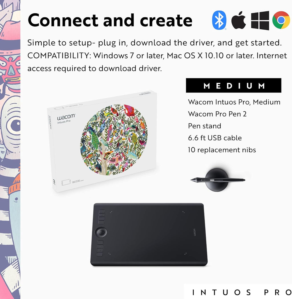 Intuos Pro Medium Bluetooth Graphics Drawing Tablet, 8 Customizable Expresskeys, 8192 Pressure Sensitive Pro Pen 2 Included, Compatible with Mac OS and Windows